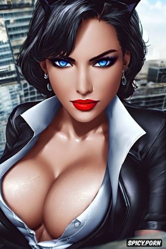 ultra detailed face shot, ultra realistic, catwoman batman arkham city black blazer white shirt shirt unbuttoned beautiful face milf