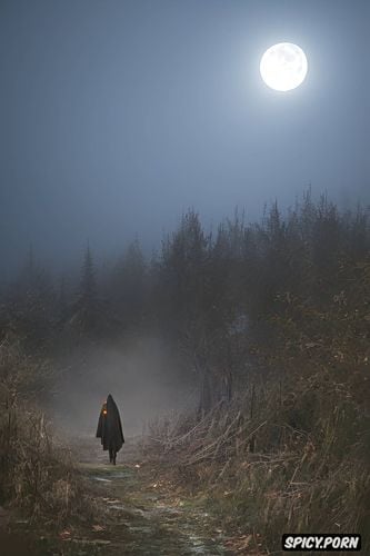 moonlight, complete, haunting human skeleton, foggy, haunted clearing at night