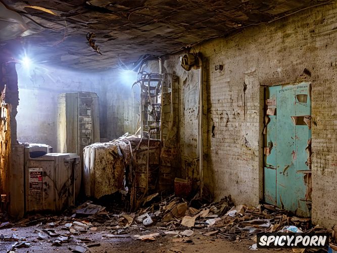 thick legs, bright sunlight, hairy armpits, happy, rusty iron basket with trash dark dirty ceiling with old plaster there are shinning seearhlights and split ceiling lights on the ceiling on the left are vertical large black sewer pipes full view shot vibrant colors