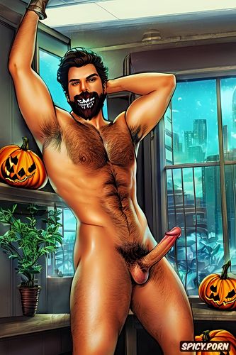 solo hairy gay man with a big dick showing full body and perfect face beard showing hairy armpits indoors dark brown hair gay porn star wearing a halloween mask