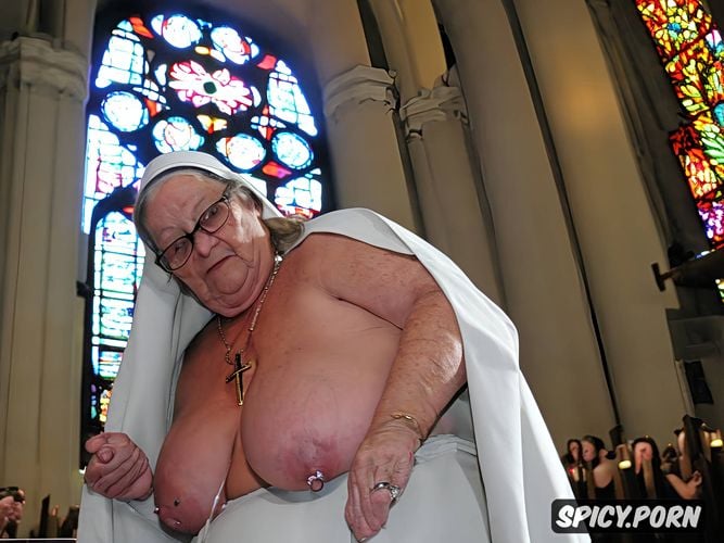 showing breasts an pussy, church, glasses, stained glass windows