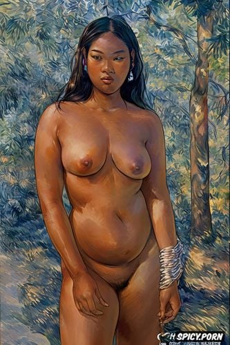 beautiful face, dark skin, hourglass figure, wide gap between breasts