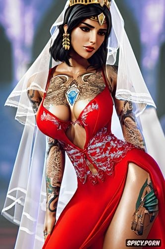 tattoos masterpiece, ultra detailed, pharah overwatch beautiful face full lips milf tight low cut red lace wedding gown tiara