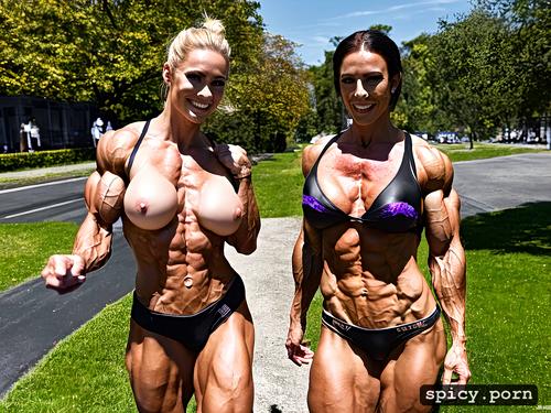 extremely lean body, extremely well defined muscles, smiling female bodybuilders