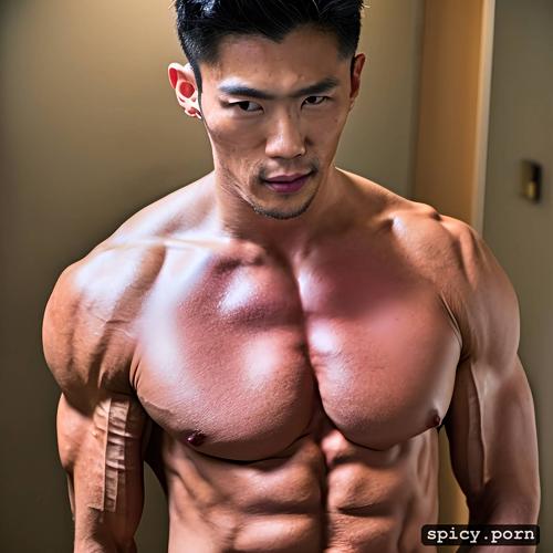 manly, big chest, handsome face, hot japanese male, nude, big round eyes