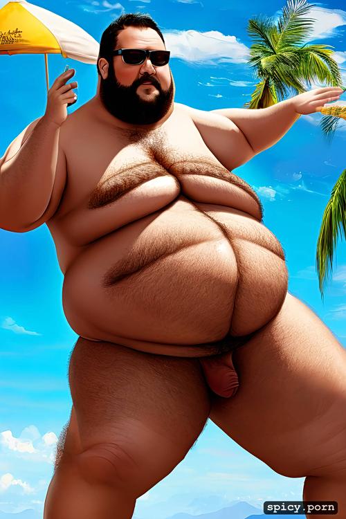 show large penis and balls, whole body, realistic very hairy big belly