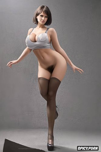 belly button, enormous boobs, grey tank top, bimbo, thick, short hair
