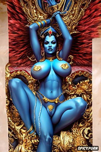 goddess kali completely naked, two legs, blue body, huge boobs