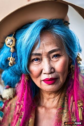 closeup, hot pink lipstick shade, pov, hair color blue, face photo 90 year old mongolian woman with round facial features and high cheekbones