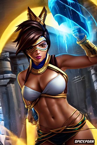 ultra detailed, ultra realistic, tracer overwatch female pharaoh ancient egypt pharoah crown royal robes beautiful face portrait muscles