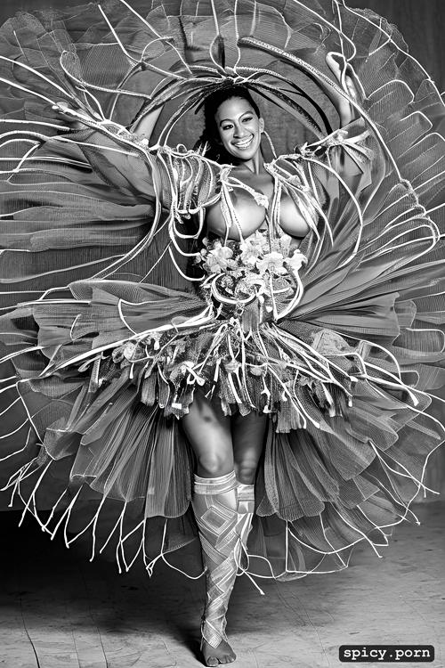 flawless smiling face, 42 yo beautiful tahitian dancer, intricate beautiful hula dancing costume