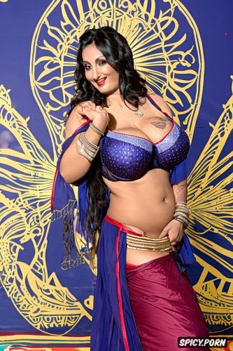 huge natural boobs, seductive, performing on stage, beautiful belly dance costume
