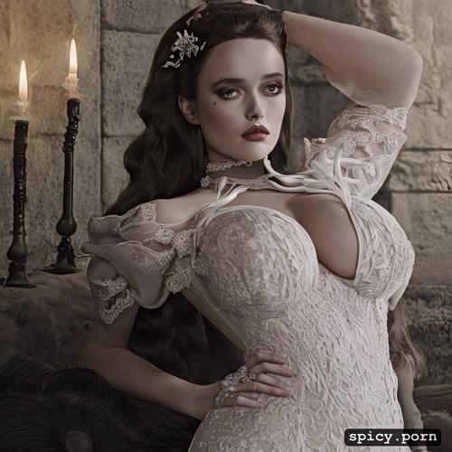masterpiece, wearing white lace dress with black trim, detailed face and eyes