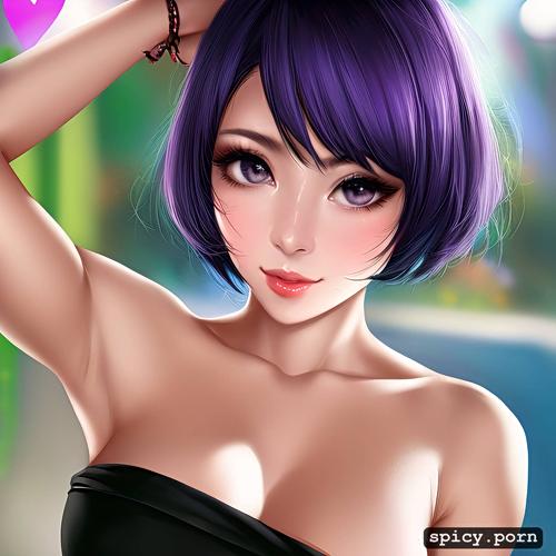 short, 30 years old, athletic body, japanese female, purple hair