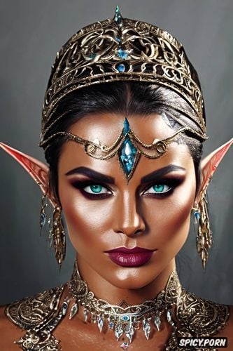 ultra detailed, ultra realistic, high resolution, high elf queen elder scrolls columbian skin tone beautiful face young tattoos diadem masterpiece
