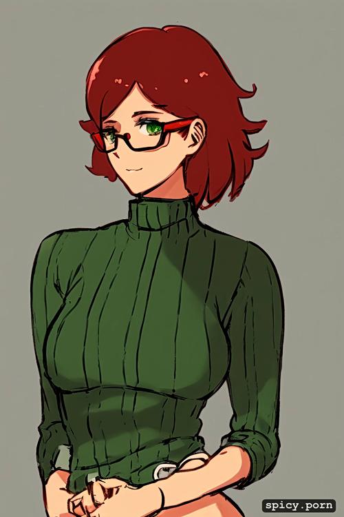 19 years old woman trans short redhair round glasses green turtleneck brown eyes