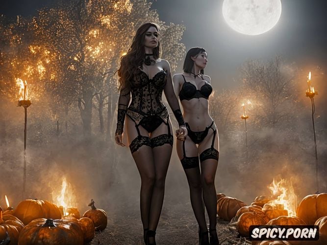 lit torches moonlight, black lingerie, orange stockings, pumpkin head mask