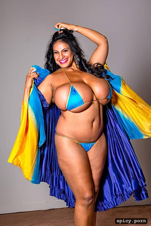 full body view, color portrait, giant hanging boobs, 71 yo beautiful arabian dancer