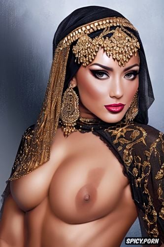 big dick, shemale, wearing only gold jewellery, hijab, nude
