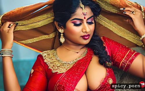 huge tits, bengali woman, close up, transparent red sari, fit body