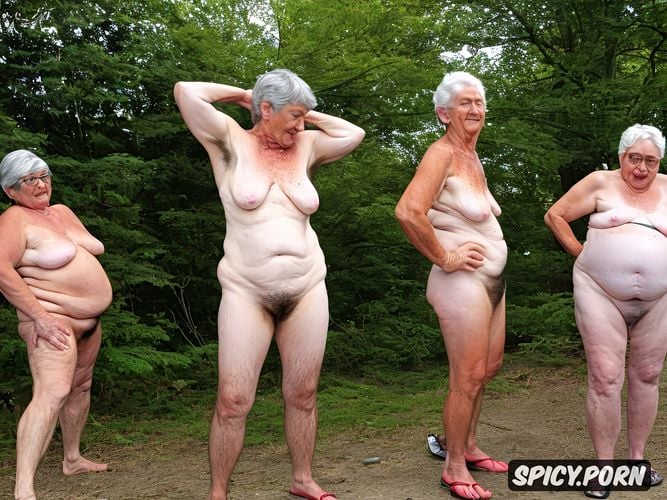 macromastia, cellulite on belly and thighs, group of grandmas