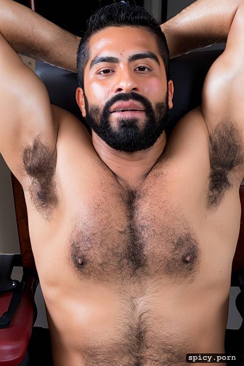 full body view, man, hairy chest, hairy body, he is sitting on a chair