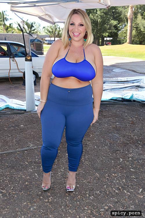 looking at camera, america woman, morbidly obese, cleavage, cotton sweat pants