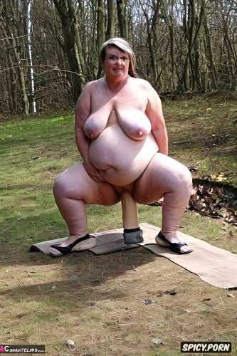 an old fat milf standing, naked with flabby loose obese belly