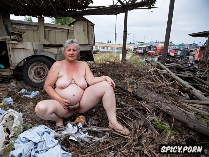 6 months pregnant, loose skin, hairy nipples semi sitting or squatting in wood box spreading hairy legs abandoned car repair shop is the infrastructure of a service station that has fallen into disrepair and is not in use