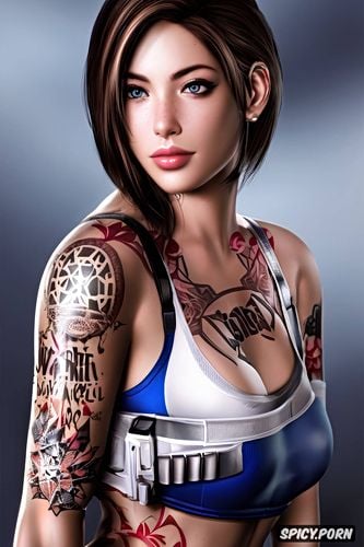 jill valentine resident evil beautiful face young, tattoos masterpiece