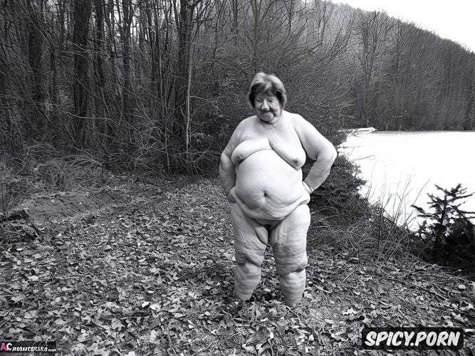 seen in full body showing her well detailed obese body, fat naked old woman of 90 years old