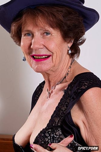 stairing right into the camera, sexual old british tea lady in classy seductive dresses close up portrait