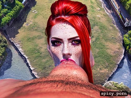 from above, freckles, eye contact, blowjob, bukkake, red hair