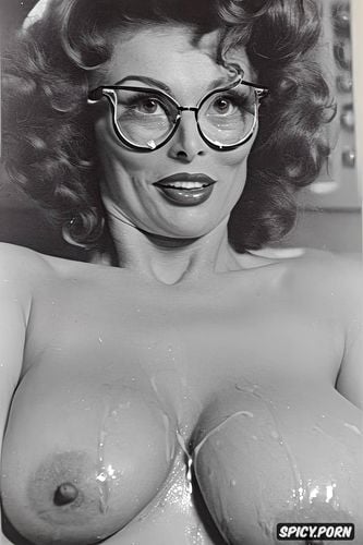 huge boobs, bare ample bosom, sperm on face, sperm on glasses