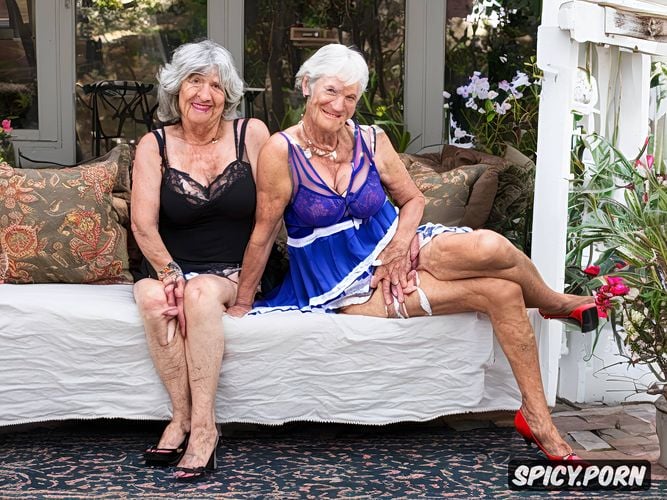 identical twins, realistic detailed faces, grannies with legs spread