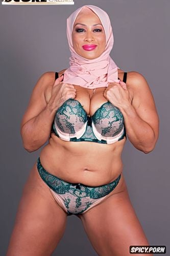 hijab, thin waist, precisely from forehead to thighs shot, milf in her late forties