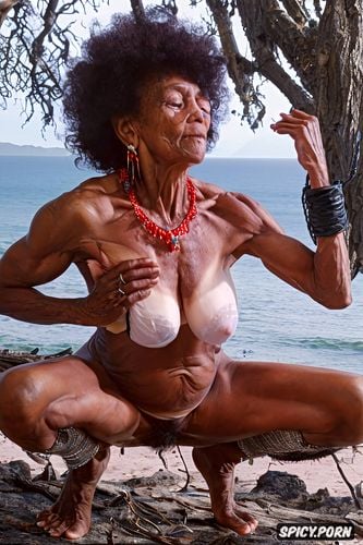 black indigenous amazonian granny, squatting in a jungle with legs apart