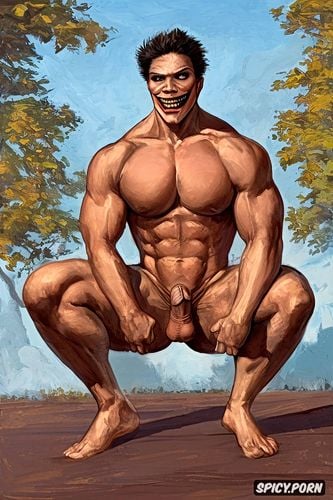 hot muscular man wearing a halloween mask showing big huge erect penis sitting down squatted legs
