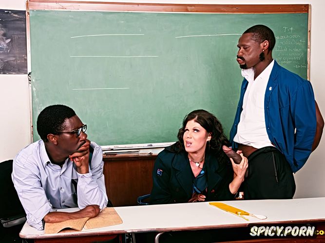 real natural colors detailed anatomy expressive faces terrified white lady teacher full of cum on body is fucked by few fierces rebel ugandan in the middle in classroom