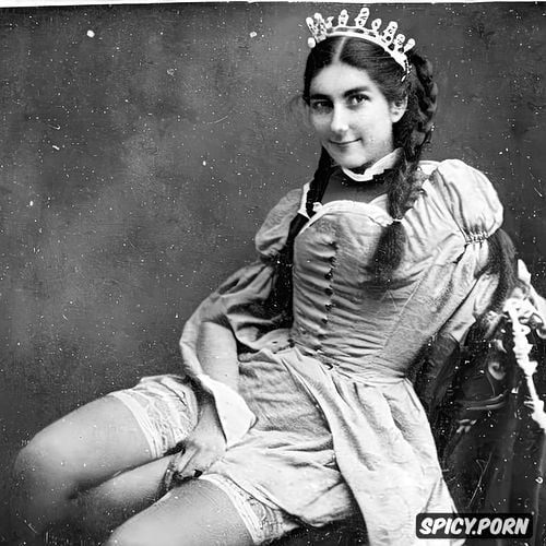 antique victorian cdv picture, brunette pigtails, wearing tiara and sexy gingham romper