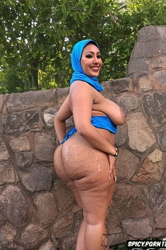 blue hijab, slim thick body type, from head to mid tighs portrait