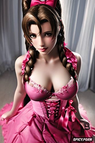 tits out, masterpiece, ultra realistic, aerith gainsborough final fantasy vii remake pink french maid outfit beautiful face topless