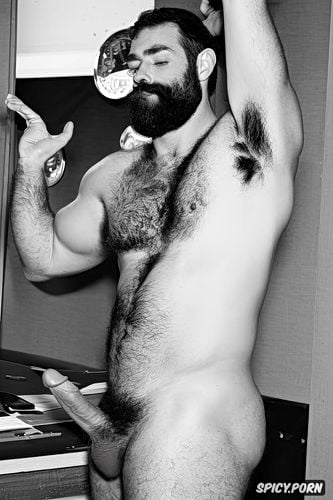 solo hairy gay muscular old man with a big dick showing full body and perfect face beard showing hairy armpits indoors chubby body at work wearing only a tie