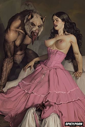 muscular hulk, fangs, drooling, victorian gown, exorcism, dracula