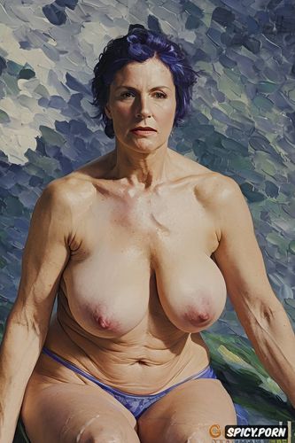 old woman with small drooping tits, fat thighs, expressionism painting