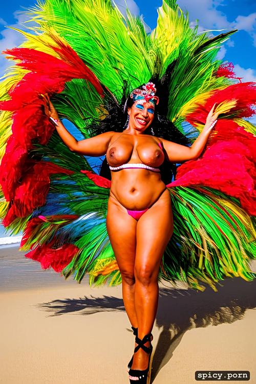 giant hanging tits, high heels, long hair, color portrait, 45 yo beautiful white caribbean carnival dancer