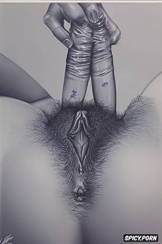 precise draftsmanship, ballpoint pen, panties, hairy vagina