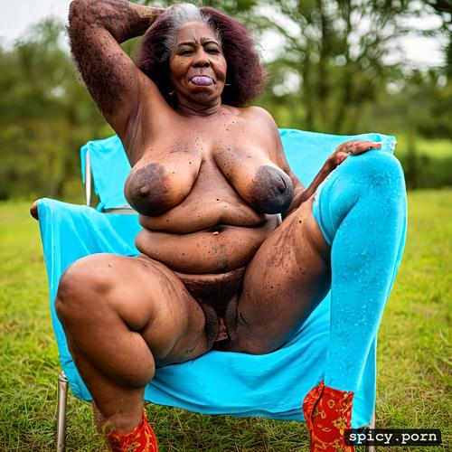 ebony, hairy pussy, obese, massive long saggy hangers, freckles