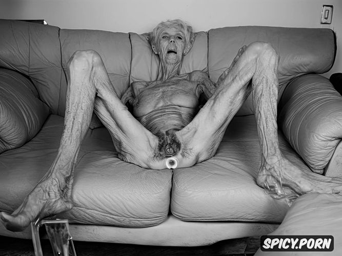 zombie, very thin, gaunt, dead body, spreading hairy pussy, couch