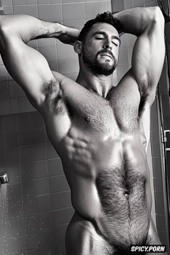 sexy, muscular, full body view, hairy chest, arms up, sweat body sweat wet